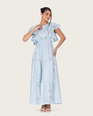 فستان ماكسي شيفون لامع أزرق فاتح بأكمام فراشة