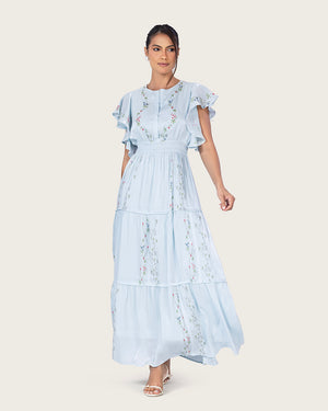 فستان ماكسي شيفون لامع أزرق فاتح بأكمام فراشة