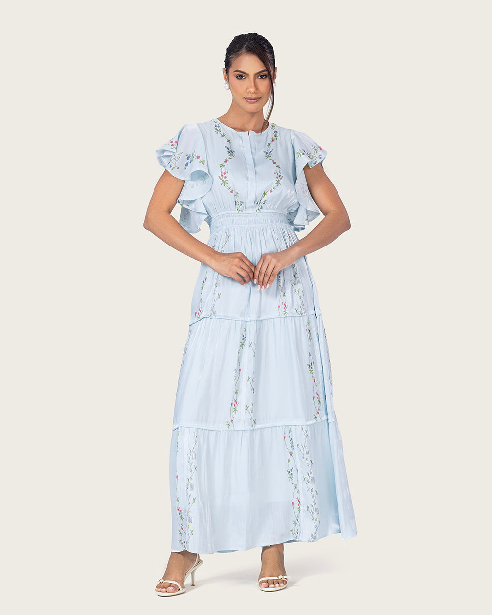 فستان ماكسي شيفون لامع أزرق فاتح بأكمام فراشة