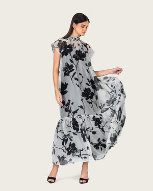 فستان ماكسي أورغانزا مزهر مع ربطة خلفية