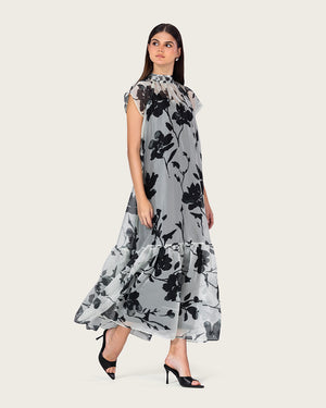 فستان ماكسي أورغانزا مزهر مع ربطة خلفية