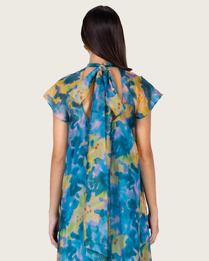 فستان ماكسي أورغانزا بطبعة مميزة مع فيونكة خلفية