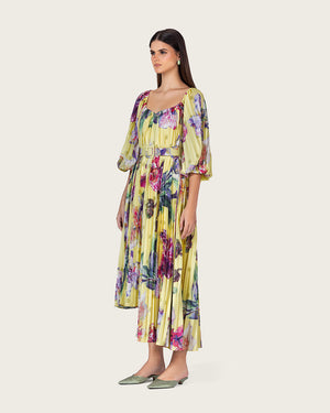 فستان ميدي شيفون أصفر مزهر بكسرات مع حزام