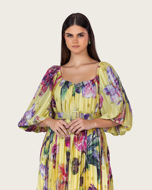 فستان ميدي شيفون أصفر مزهر بكسرات مع حزام