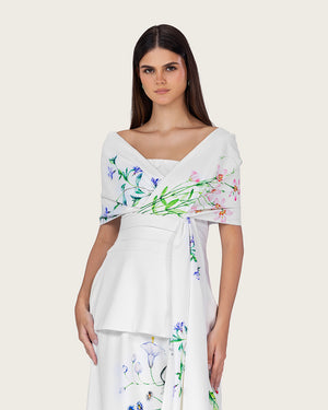 فستان ماكسي كريب أبيض مزهر بياقة أوف شولدر