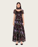 فستان طول الكاحل شيفون مزهر داكن بطبقة شفافة