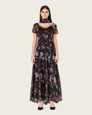 فستان طول الكاحل شيفون مزهر داكن بطبقة شفافة