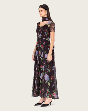 فستان طول الكاحل شيفون مزهر داكن بطبقة شفافة