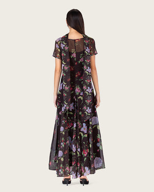 فستان طول الكاحل شيفون مزهر داكن بطبقة شفافة