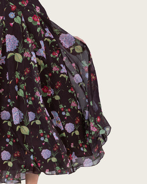 فستان طول الكاحل شيفون مزهر داكن بطبقة شفافة