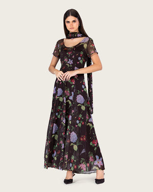 فستان طول الكاحل شيفون مزهر داكن بطبقة شفافة