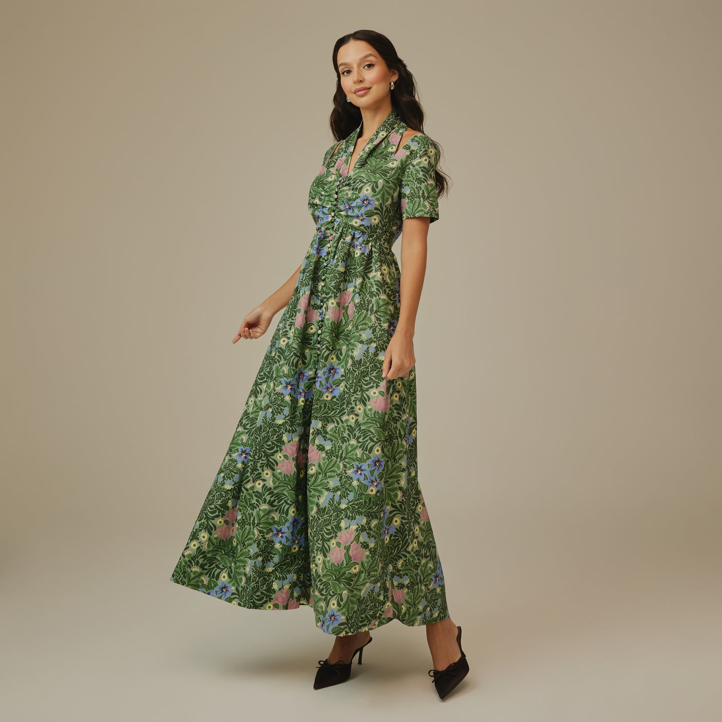 Botanical Green Linen Dress