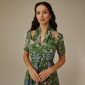 فستان كتان مخطط مزهر