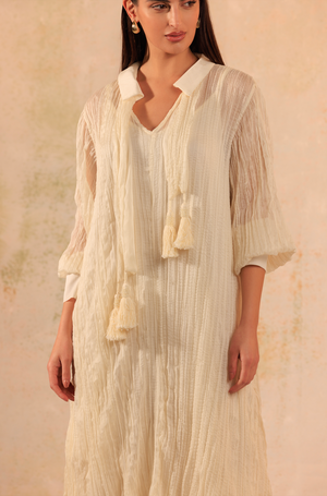 Pearl Off-White Crinkled Chiffon Shirt Dress