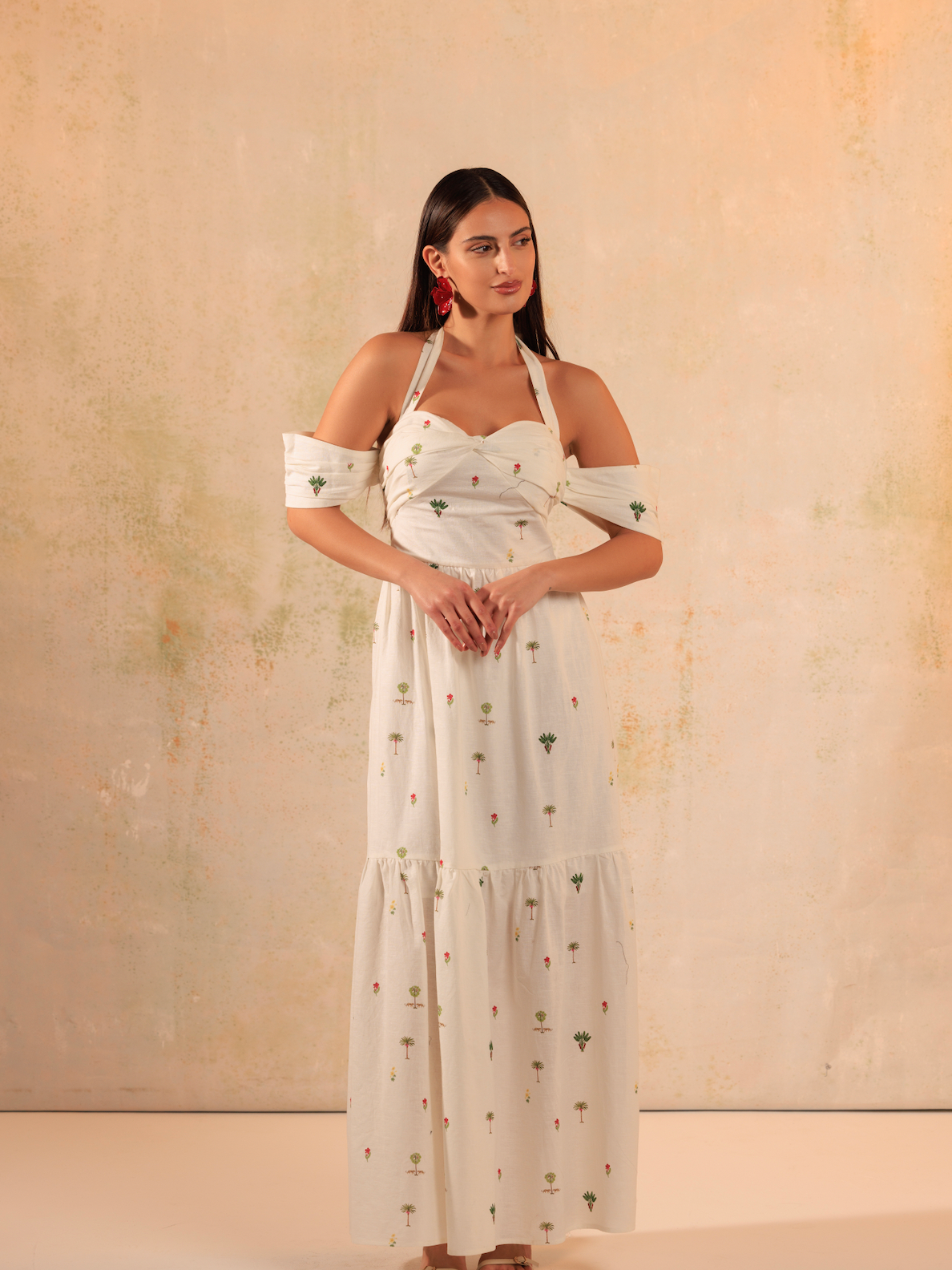 White Tropical Whisper: Tie Neck Maxi Linen Dress Notic White Tropical Whisper: Tie Neck Maxi Linen Dress Notic