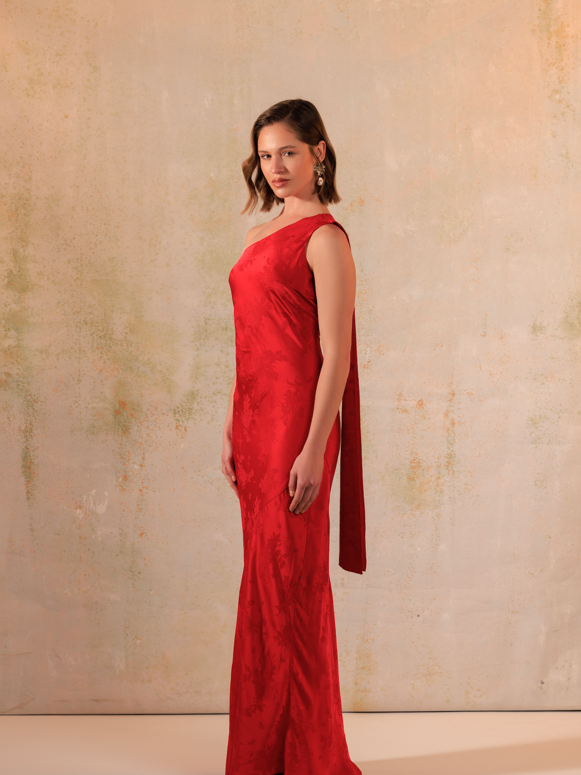 Red Satin Jacquard One-Shoulder Maxi Bias Cut Dress Notic Red Satin Jacquard One-Shoulder Maxi Bias Cut Dress Notic