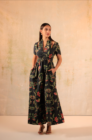 Black Floral Linen Dress