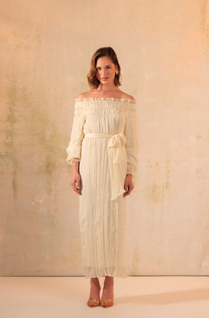 Off-Shoulder Crinkled Chiffon Dress