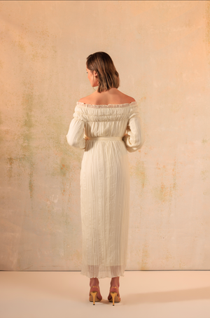 Off-Shoulder Crinkled Chiffon Dress