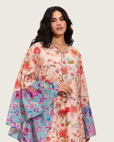 A flowy cotton kaftan with ruffle wide sleeves and mix print