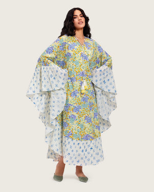 قفطان خربزي فضفاض الوان باستيل بطبعات متنوعة من الورود و شرابات