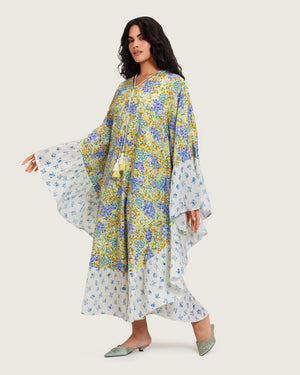 قفطان خربزي فضفاض الوان باستيل بطبعات متنوعة من الورود و شرابات