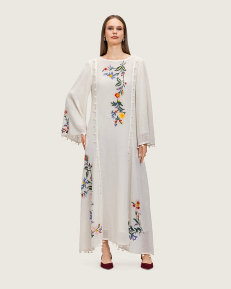 White Maxi Net Fabric Kaftan with Floral Embroidery