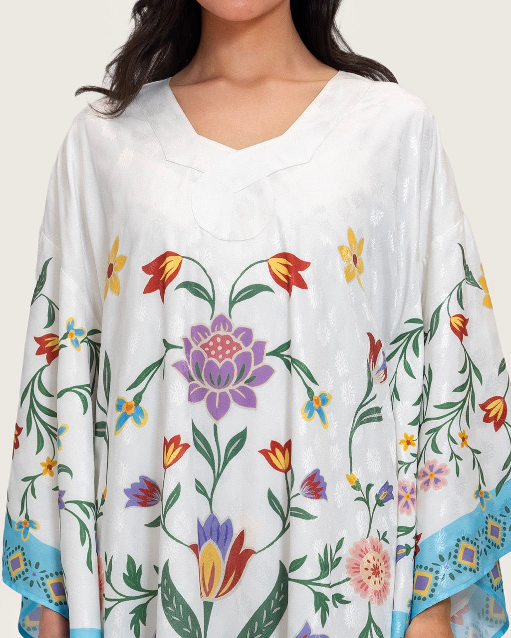 Floral Printed Kaftan Dress – White & Turquoise