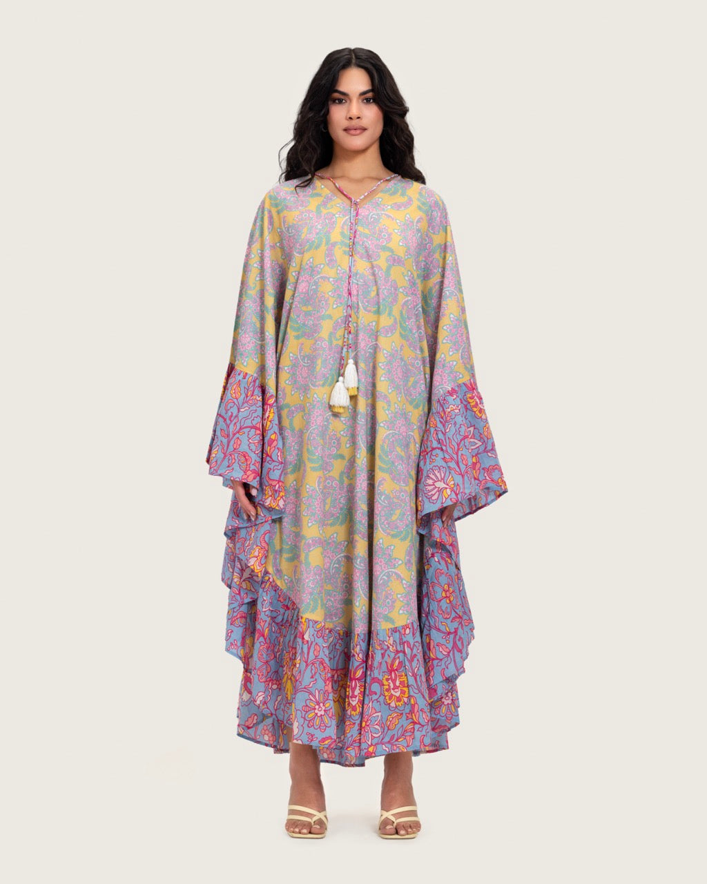 Printed Flowy Kaftan Dress with Soft Multicolor Motifs and Tassels