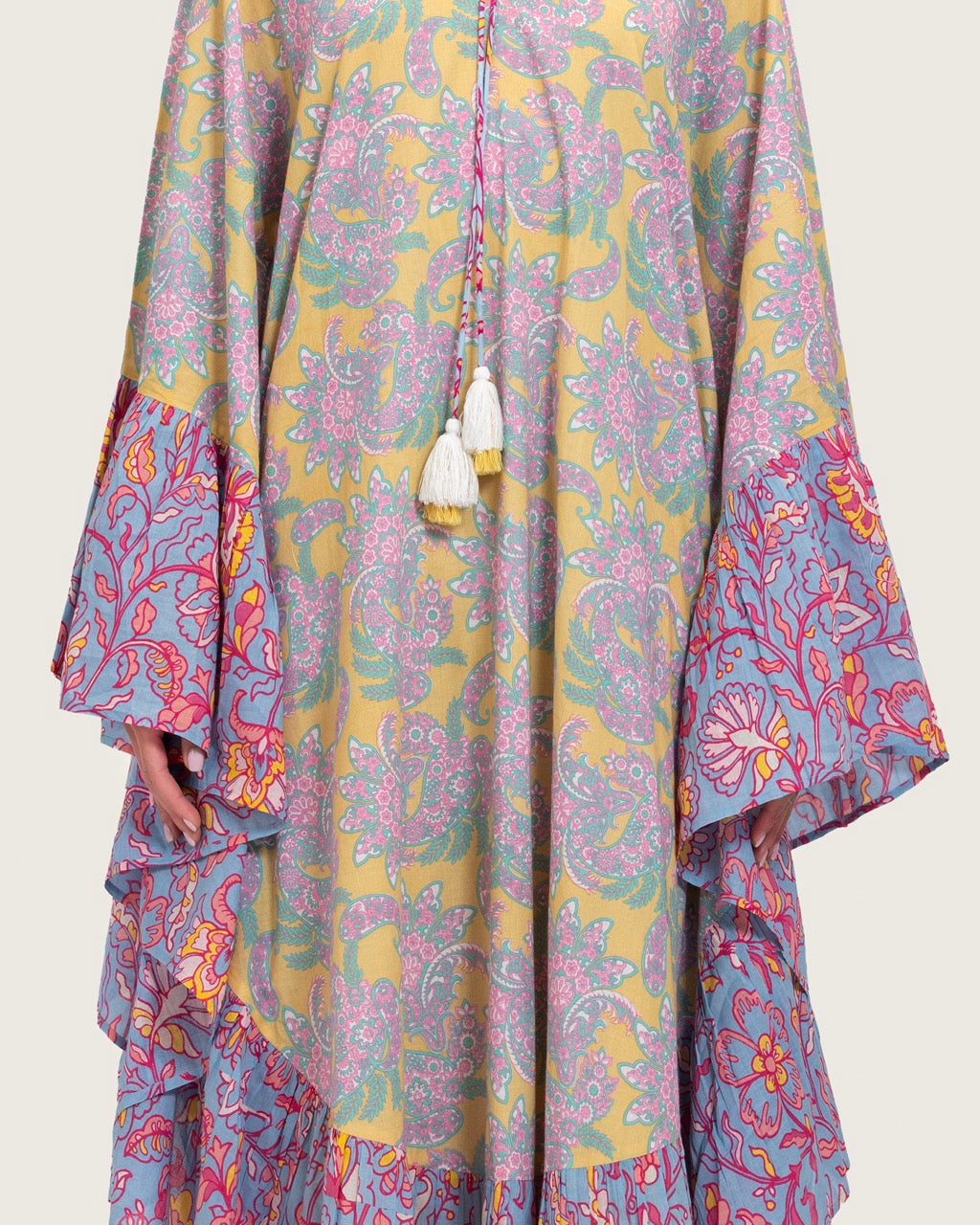 Printed Flowy Kaftan Dress with Soft Multicolor Motifs and Tassels