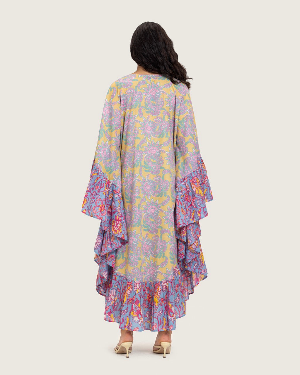 Printed Flowy Kaftan Dress with Soft Multicolor Motifs and Tassels