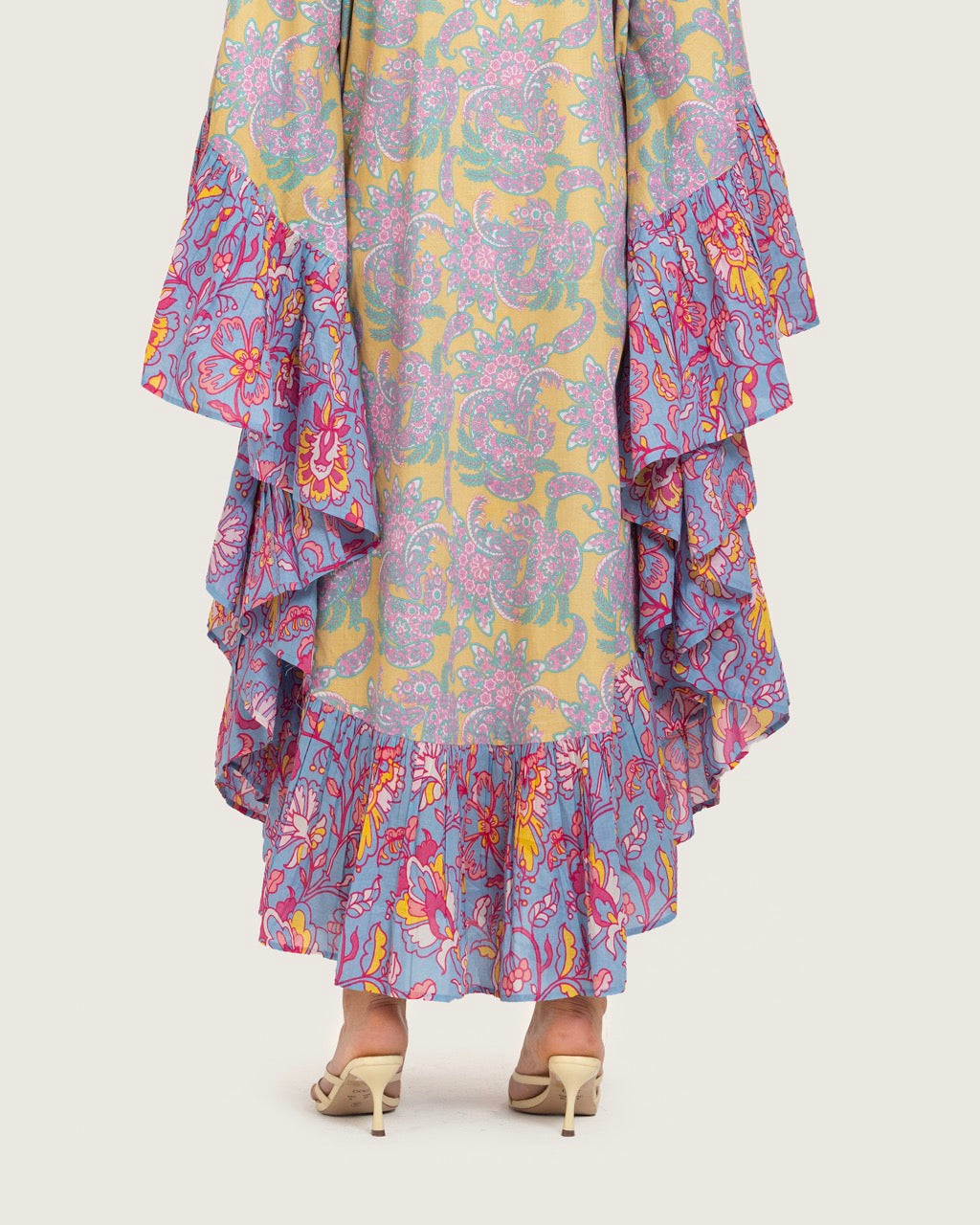 Printed Flowy Kaftan Dress with Soft Multicolor Motifs and Tassels