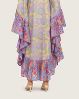 Printed Flowy Kaftan Dress with Soft Multicolor Motifs and Tassels
