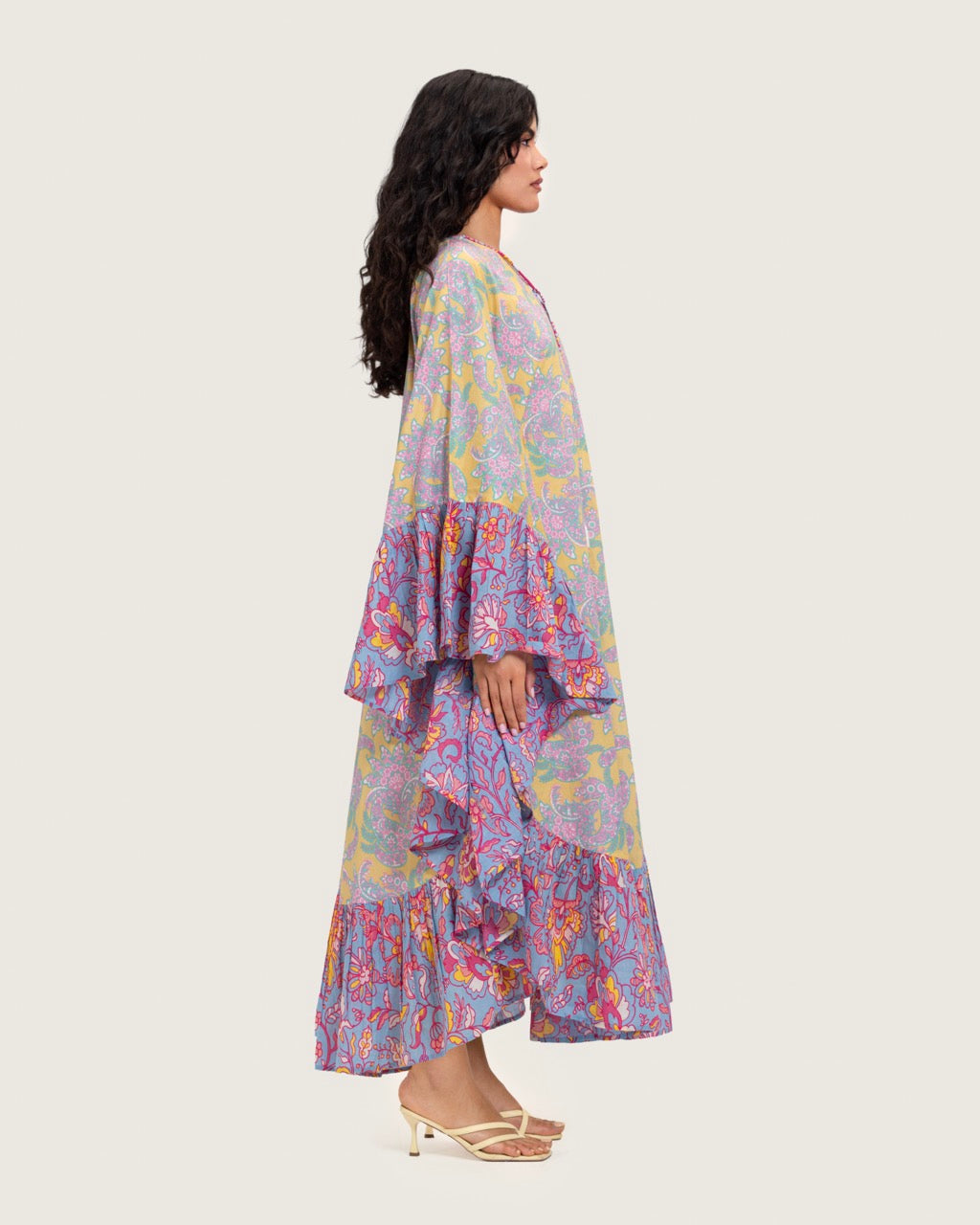 Printed Flowy Kaftan Dress with Soft Multicolor Motifs and Tassels