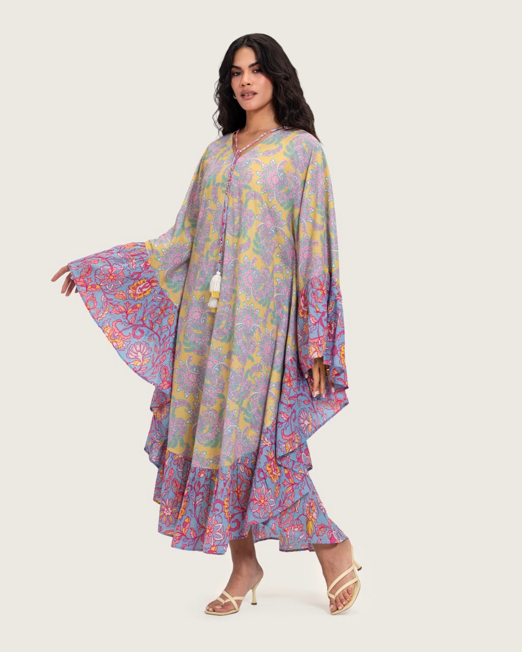 Printed Flowy Kaftan Dress with Soft Multicolor Motifs and Tassels