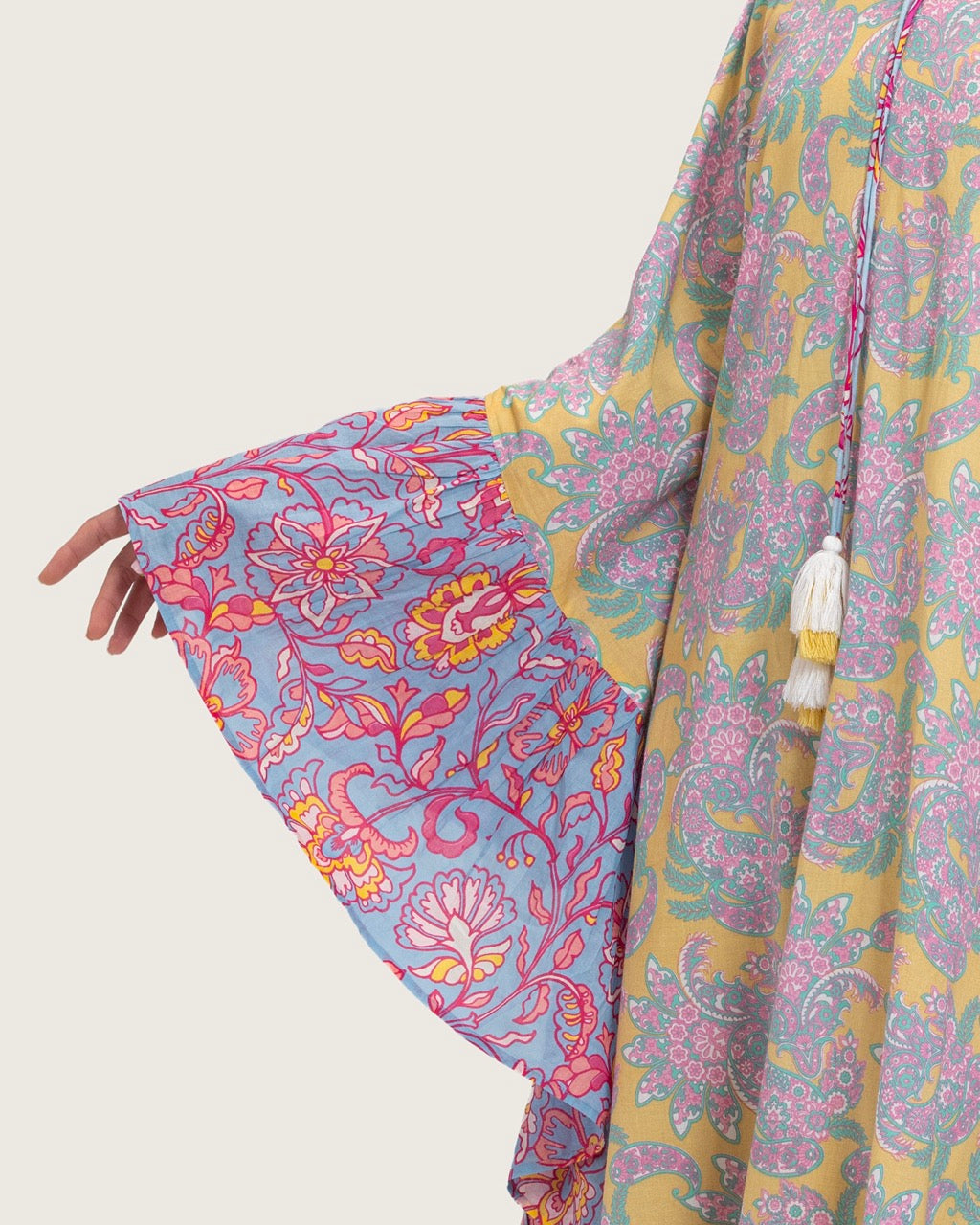 Printed Flowy Kaftan Dress with Soft Multicolor Motifs and Tassels