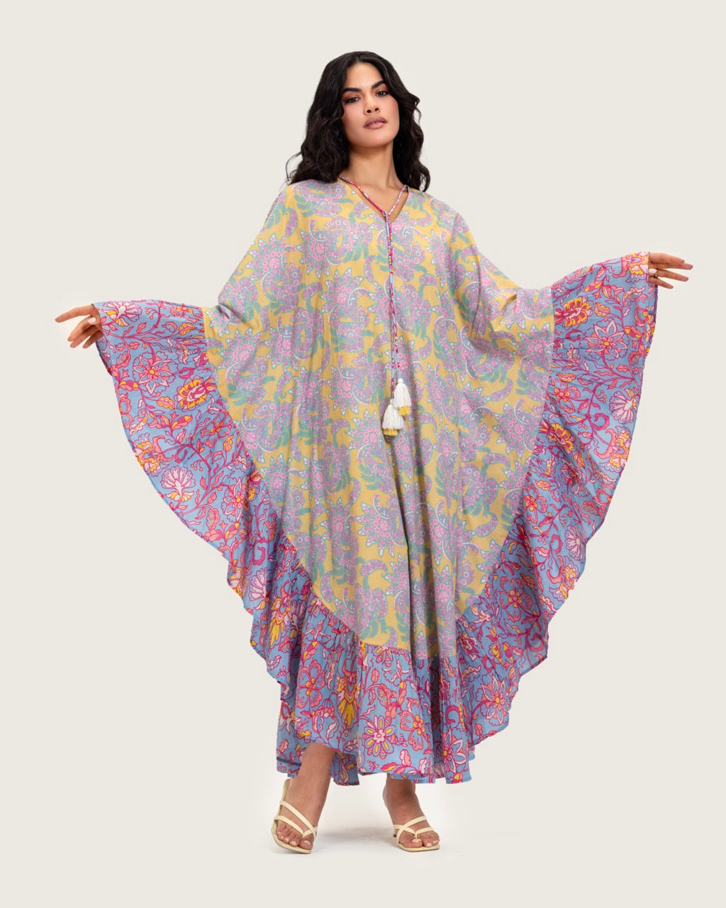 Printed Flowy Kaftan Dress with Soft Multicolor Motifs and Tassels