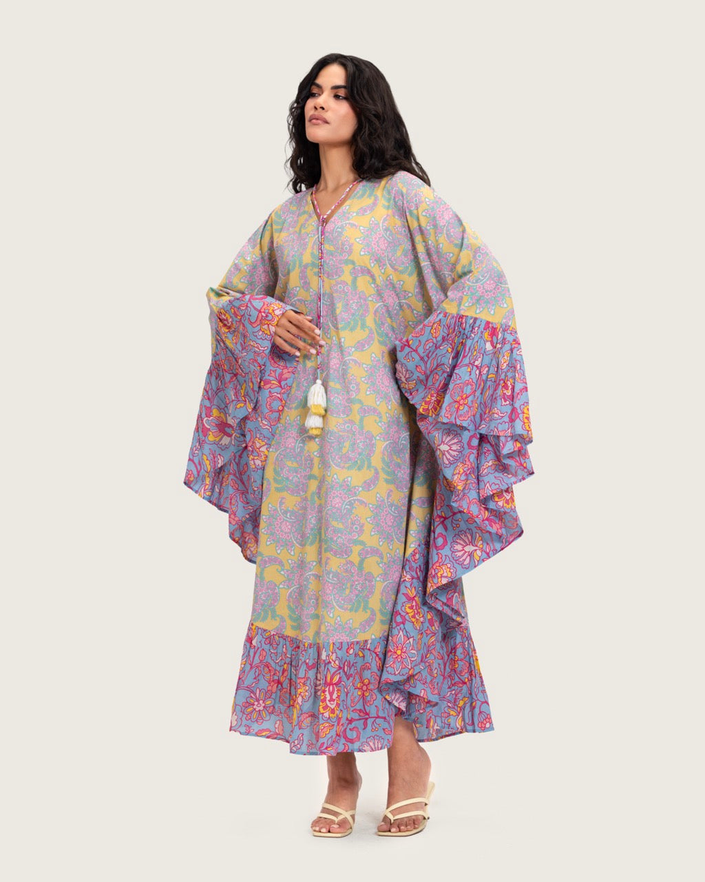 Printed Flowy Kaftan Dress with Soft Multicolor Motifs and Tassels