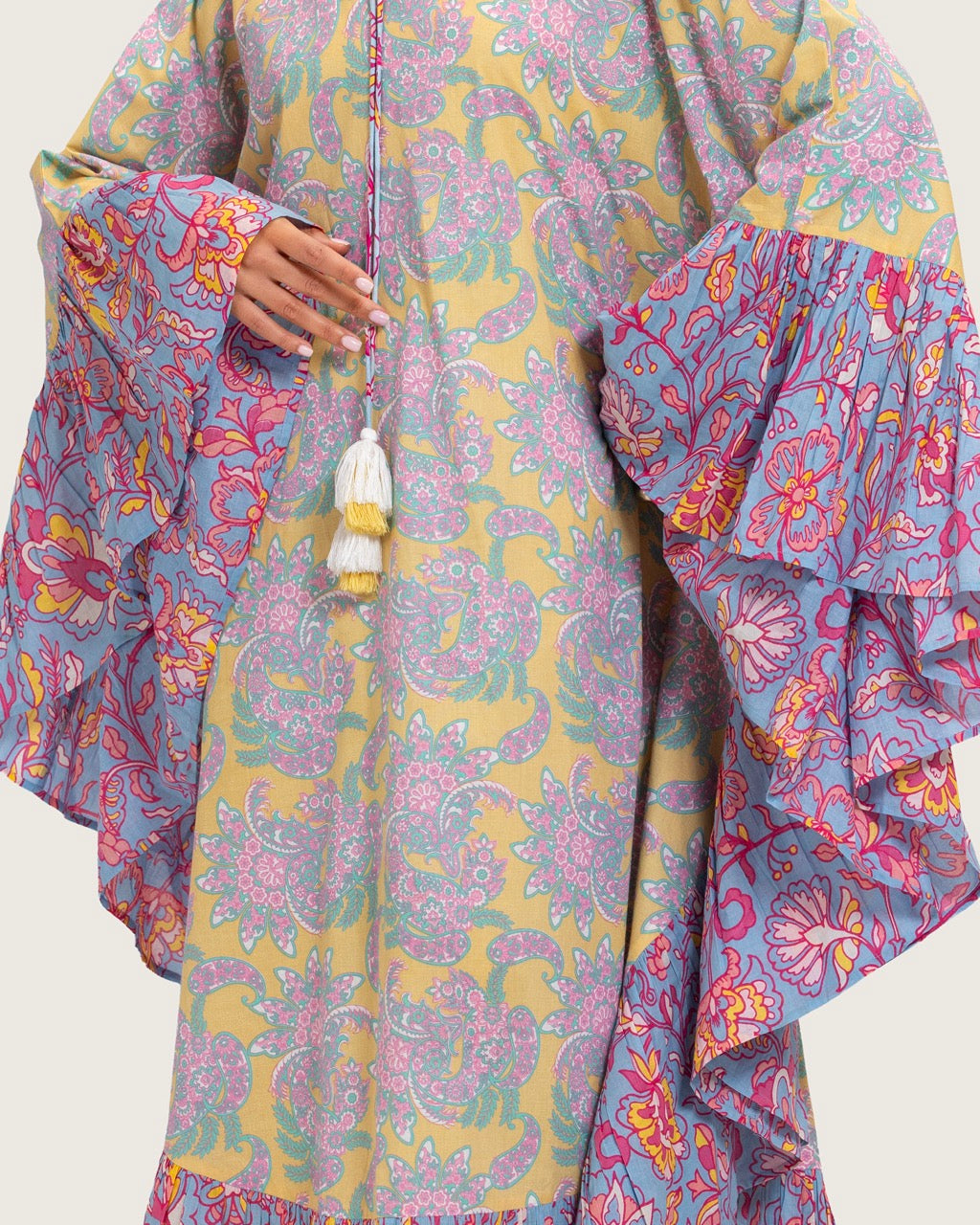 Printed Flowy Kaftan Dress with Soft Multicolor Motifs and Tassels