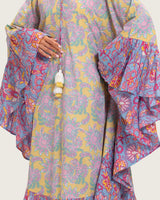 Printed Flowy Kaftan Dress with Soft Multicolor Motifs and Tassels