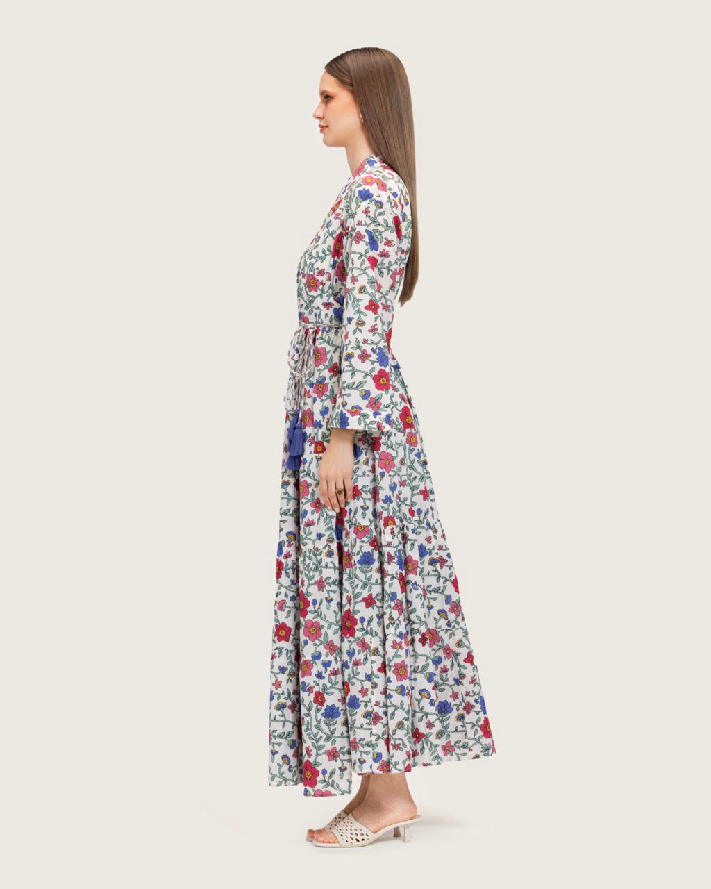 Floral Tiered Maxi Wrap Dress with Waist Tie Tassels