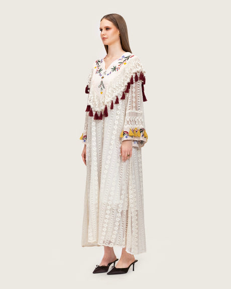 White Embroidered Lace Maxi Kaftan with Handmade Tassels