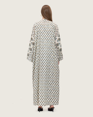 طقم عباية و فستان قطن مطبوع مذهب - أزرق