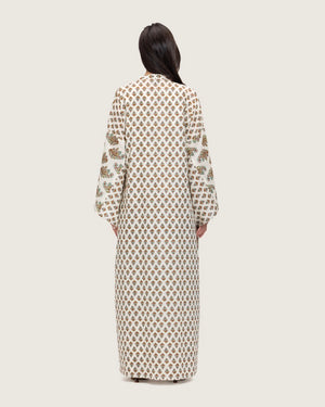 طقم عباية و فستان قطن مطبوع مذهب - تركواز