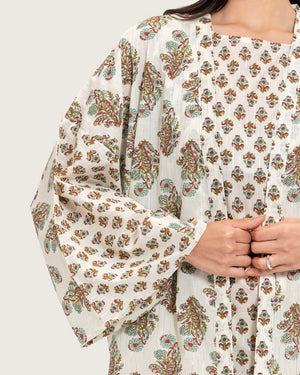 طقم عباية و فستان قطن مطبوع مذهب - تركواز