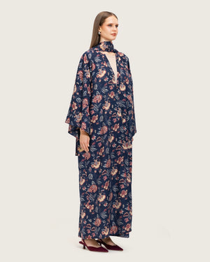 عباية مفتوحة بطبعة زهور باللون الكحلي مع وشاح