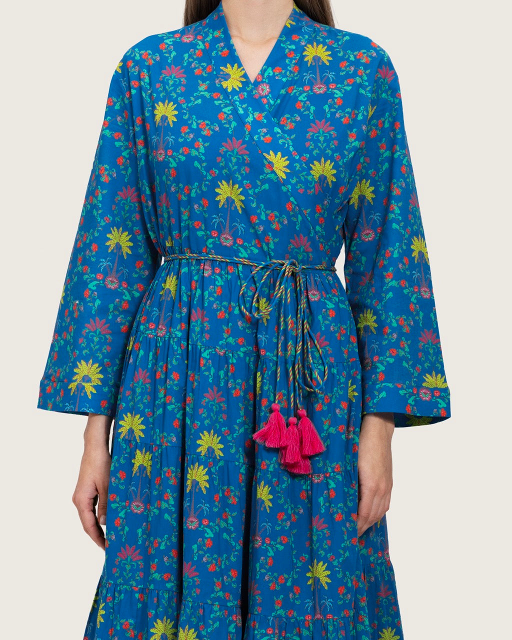 Blue Printed Maxi Wrap Dress with Belt & Tassel Details