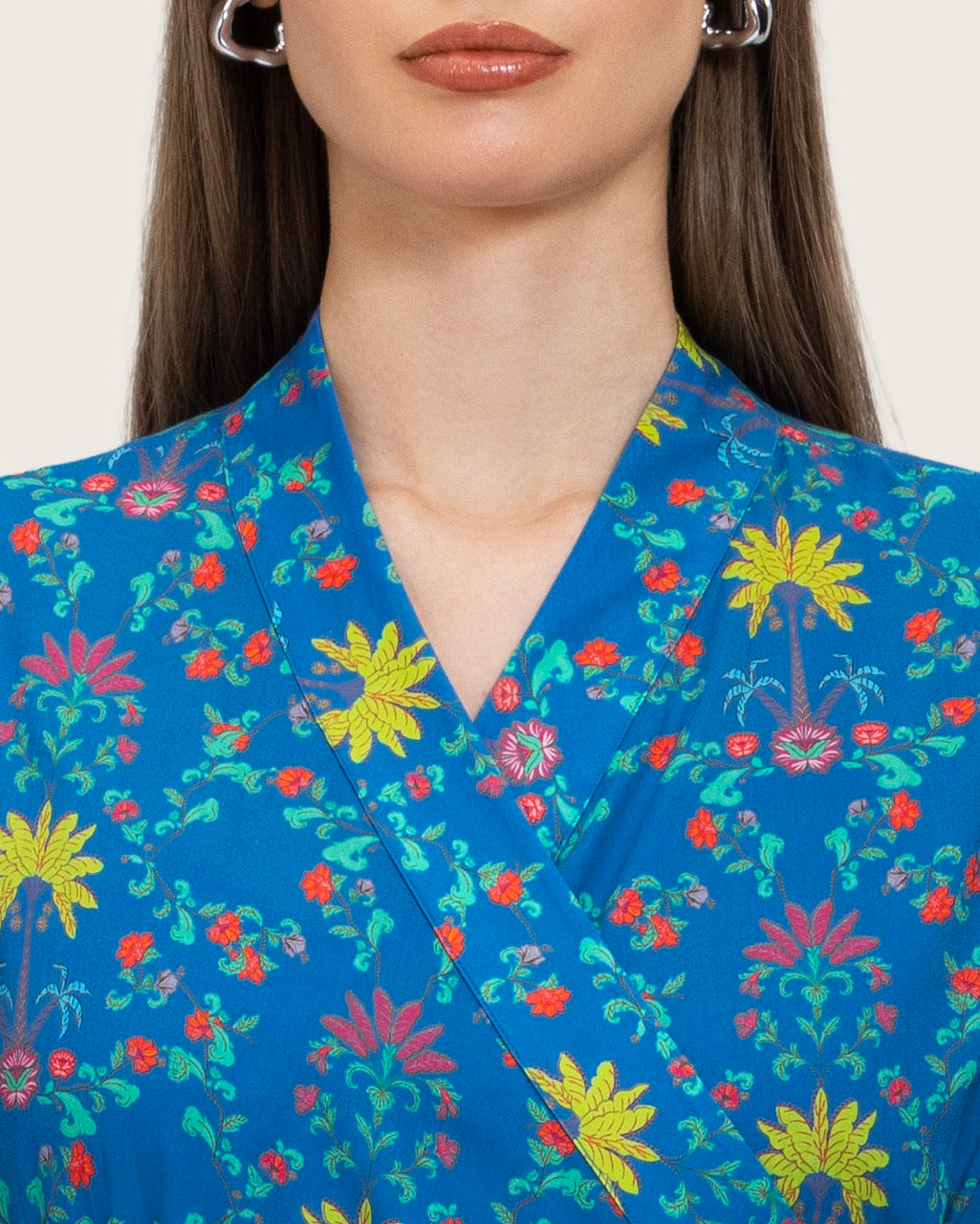 Blue Printed Maxi Wrap Dress with Belt & Tassel Details