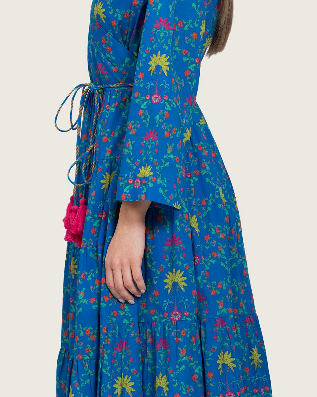 Blue Printed Maxi Wrap Dress with Belt & Tassel Details