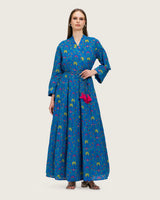 Blue Printed Maxi Wrap Dress with Belt & Tassel Details